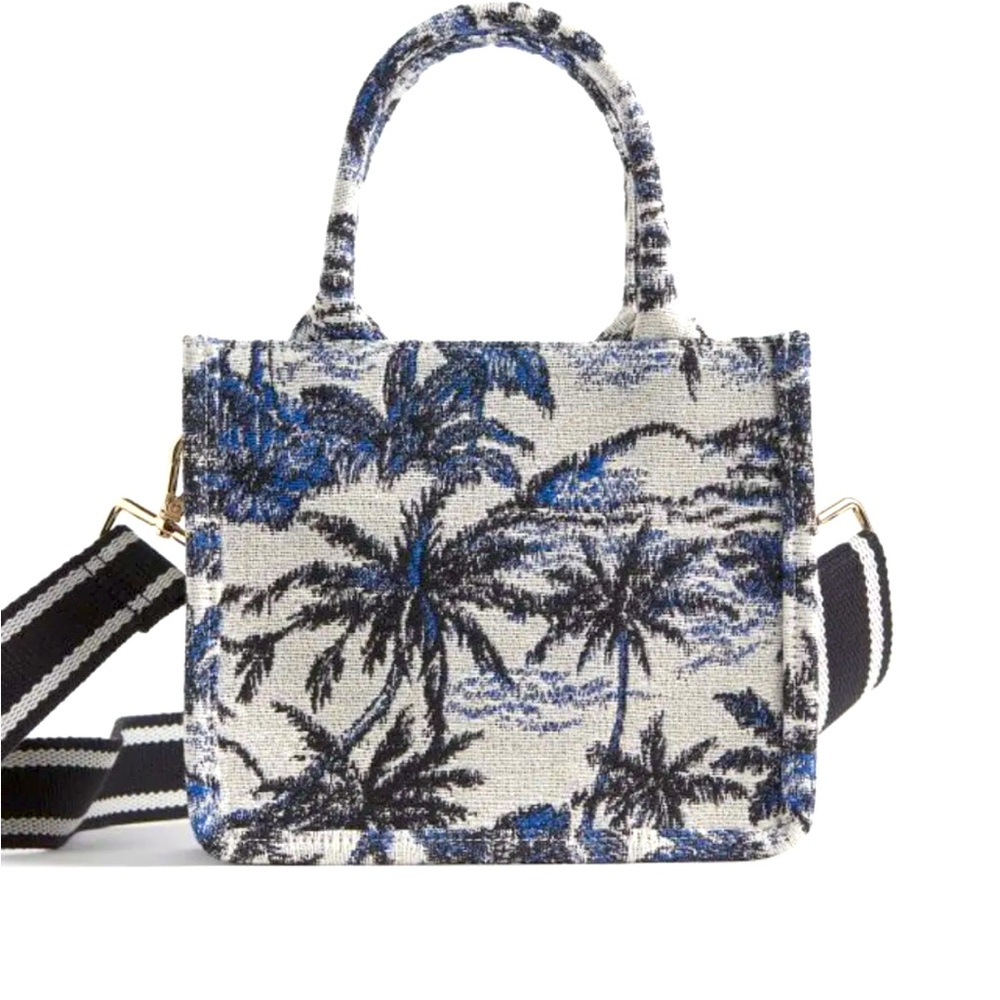 H&M Small Jacquard Blend Crossbody Tote in Blue Tropical Palm Trees NWOT